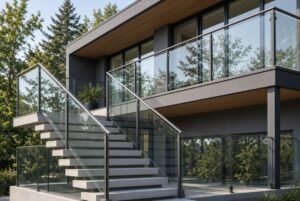 Exterior staircase glass railings